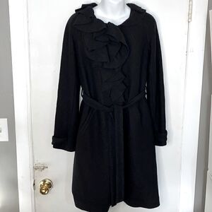 REBECCA TAYLOR Asymmetrical Ruffle Collar Belted Black Coat-0